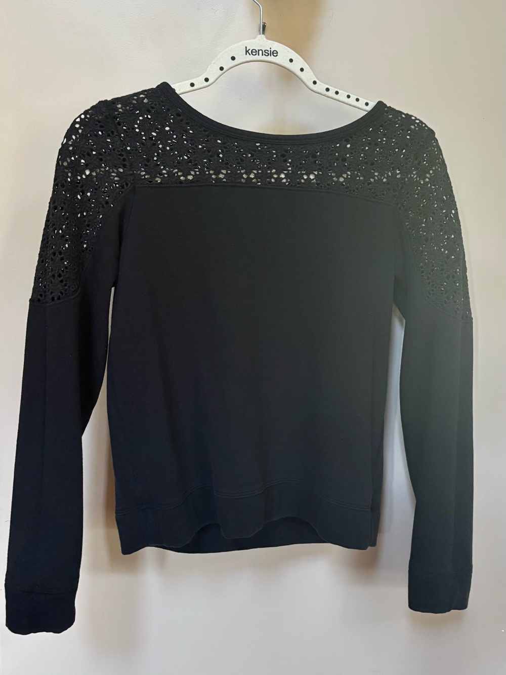 Express Black Crochet-Yoke Long Sleeve Sweatshirt